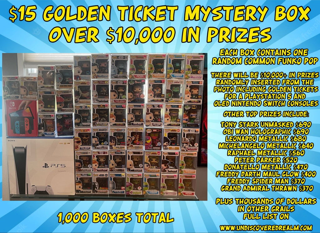 $15 Funko Pop Golden Ticket Mystery Box with over $10,000 in prizes including Grails, Playstation 5, and Nintendo Switch OLED Undiscovered Realm - Undiscovered Realm