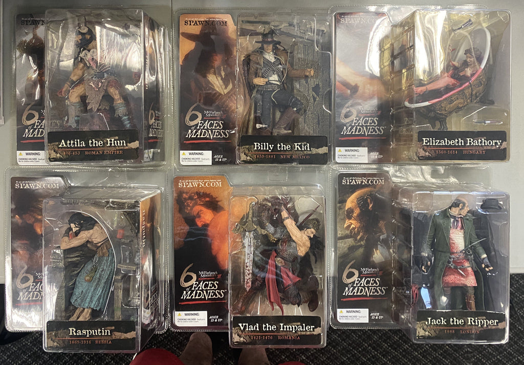Mcfarlane 6 Faces of Madness Full Set of Six Action Figures (Billy the Kid) (Atilla the Hun) (Vlad the Impaler) (Jack the Ripper) (Elizabeth Bathory) (Rasputin)