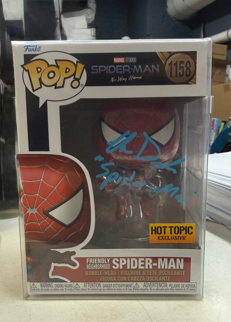Funko Pop! Spider-Man No Way Home Friendly Neighborhood Spider-Man (Hot Topic Exclusive) Autographed Signed By Chris Daniels (MSA Certified) #1158 (Styles, Colors and Quotes May Vary)