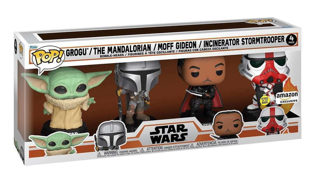(Light Box Damage) Funko Pop! Star Wars Grogu/ The Mandalorian/ Moff Gideon/ Incinerator Stormtrooper Glow In The Dark 4 Pack