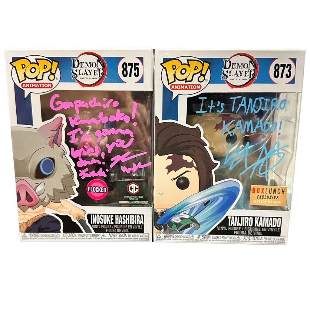 Demon Slayer Flocked Inosuke SIGNED Autographed by Bryce Papenbrook and Tanjiro (Constant Flux) SIGNED Autographed by Zach Aguilar Dueling Quotes 2 Pack Combo (JSA Certified) - Undiscovered Realm