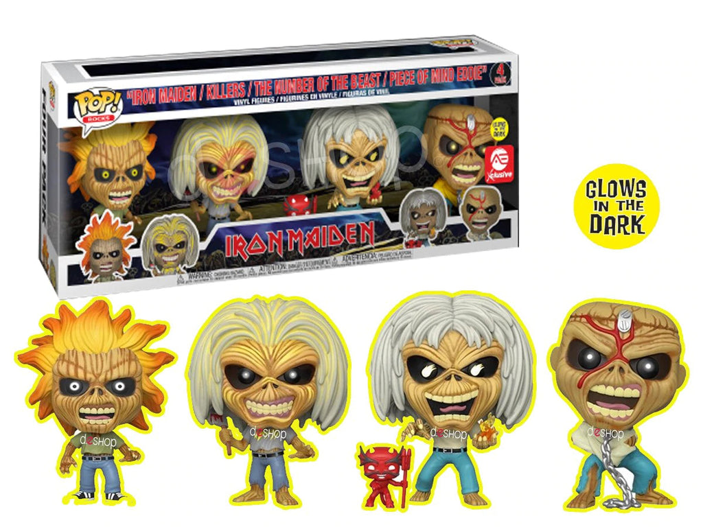 Iron Maiden (Iron Maiden, Killers, The Number of the Beast, Piece of Mind Eddie) (Glow) Exclusive Funko Pop! Rocks 4 Pack